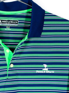 NWOT Pebble Beach Green Navy Striped Short Sleeve Golf Polo Shirt Mens Medium